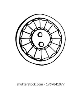 Handgezeichneter Knopf mit Rochen. Schwarz-Weiß-Vektorbild. Idee für Logo, Tag, Symbol, Druck, Färbung. Einzeln auf weißem Hintergrund