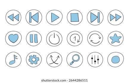 Hand-drawn buttons for the media player. Doodle-style icons for podcasts, audiobooks, and music