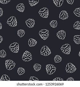 Hand-drawn bw seamless raspberry pattern. White outline berries isolated on black chalkboard background. Vector cartoon food illustration with ripe razzes for print, textile, paper design.
