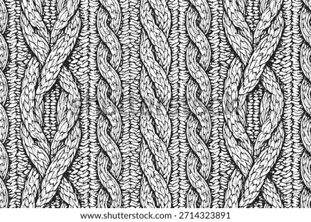Hand-Drawn Cable Knit Pattern in Black and White Engraving Style