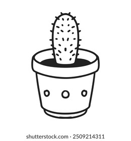 Hand-Drawn Cactus in a Decorative Pot. Vector doodle drawing illustration. Black and white colors.