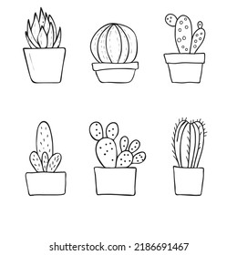Hand-drawn Cactus and Succulent Plants in the Pots. Colorup or to reused as a design element.