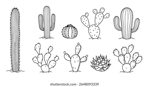 Hand-drawn cactus and succulent sketch set - minimal desert plant icons - vector icons or decorative elements for branding, packaging, or layout design