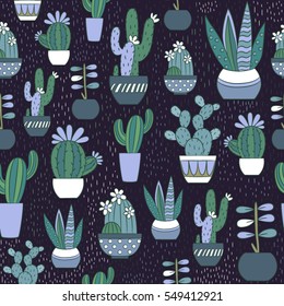 Hand-drawn cactuses. Seamless background pattern. Cartoon illustration. Freehand doodles.