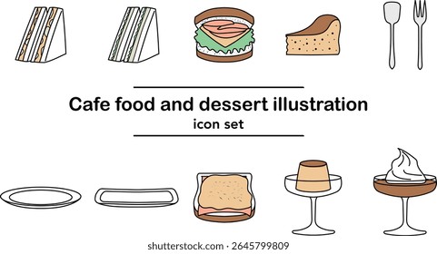 Hand-drawn cafe food and dessert icon set with sandwiches, burger, cheesecake, toast, pudding, and coffee jelly with whipped cream