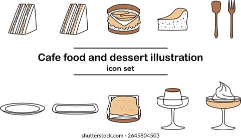 Hand-drawn cafe food and dessert icon set with sandwiches, burger, cheesecake, toast, pudding, and coffee jelly topped with whipped cream