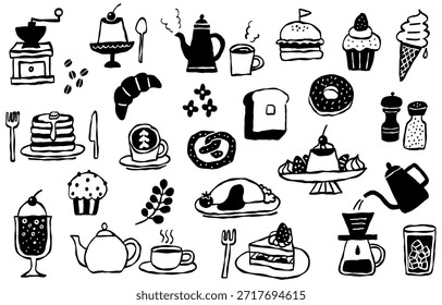Handgezeichnetes Café-Menü und Süßigkeiten monochrome Illustration Set