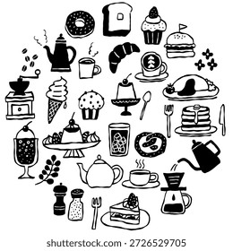 Handgezeichnetes Café-Menü und Süßigkeiten monochrome Illustration Set