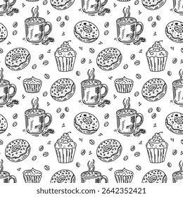 Hand-drawn cafe pattern, black ink sketch, coffee and donuts, sketch-style coffee shop design.
