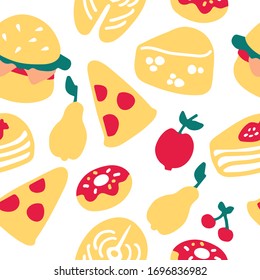 Hand-drawn cake donut cheese burger pear cherry salmon steak. Seamless pattern.