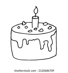Hand-drawn cake with marshmallows in the doodle style. A simple vector image for coloring books, the Internet, messages, cafe or restaurant menus. A symbol of a holiday, wedding, birthday, New Year.