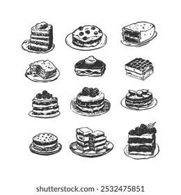 Hand-Drawn Cake and Pastry Illustration Collection. Delightful black-and-white hand-drawn illustration featuring a variety of cakes and pastries. Perfect for bakeries, menus, packaging, or desserts.