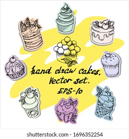 Hand-drawn cakes. Vector set monochrome