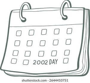 Hand-drawn calendar line art illustration marked with "2002 DAY", ideal for concepts related to dates, scheduling, memories, events, and organizing tasks in minimalist vintage style.