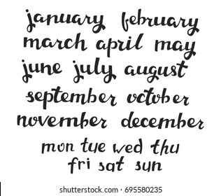 Hand-drawn Calendar Set. Set of Months of the Year and Days of Week. Handlettering Isolated on White.