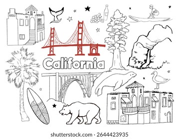 Hand-drawn California-themed vector illustration with iconic landmarks, wildlife, nature, and lifestyle elements like the Golden Gate, surfer, bear, and redwood.
