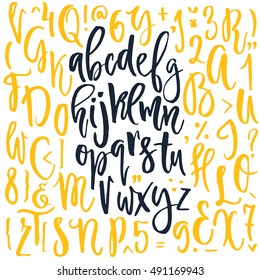 Handdrawn calligraphic font. Latin alphabet drawn by hand. Vector calligraphy font with unique texture.