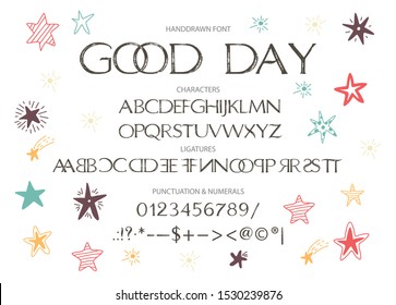 Handdrawn calligraphic vector uppercase font. Distress grunge texture. Modern calligraphy type. ABC typography latin alphabet with ligatures.