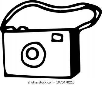 A hand-drawn camera. Black and white vector illustration. Isolated object.