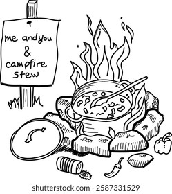 Hand-drawn campfire stew vector doodle. Campfire, a pot of stew, sign, peppers, and a can. Cute and fun campfire cooking scene for "me and you."