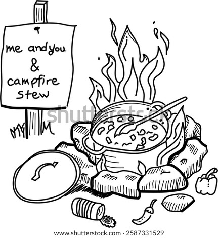 Hand-drawn campfire stew vector doodle. Campfire, a pot of stew, sign, peppers, and a can. Cute and fun campfire cooking scene for "me and you."