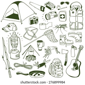 hand-drawn camping doodles set