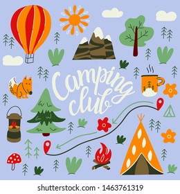 Hand-drawn camping and hiking elements. Cute background full for flyers and posters. Vector cartoon illustration. 