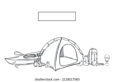 Hand-drawn camping items set. Tent, kayak and other camping equipment. Vector  background. Sketch  illustration.