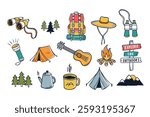 Hand-drawn camping and outdoor adventure vector set featuring gear, mountains, campfire, tents, trees, and travel essentials in a fun, doodle style.