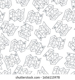 Hand-drawn camping seamless pattern on white background. Cute Doodle endless texture with hiking equipment, accessories, clothes, etc. for trekking and hiking. Sketched vector illustration