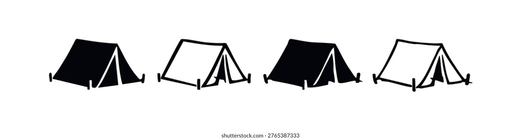 Conjunto de iconos de tienda de campaña dibujado a mano para la aventura al aire libre y la exploración del desierto sobre fondo blanco.