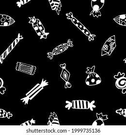 Hand-drawn candies, doodle candies seamless pattern, sweets hand dawn black and white repeat pattern, retro style confectionery, confection doodles, candy bars sketchy chalkboard style