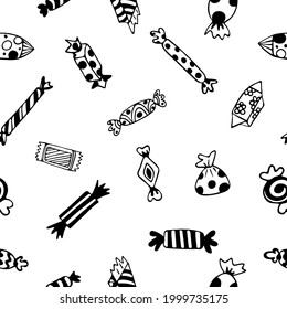 Hand-drawn candies, doodle candies seamless pattern, sweets hand dawn black and white repeat pattern, retro-style confectionery, confection doodles, candy bars sketchy style 