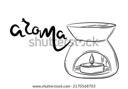 A hand-drawn candle in a diffuser for home fragrance. Doodle sketch style. Line drawing of a simple diffuser for essential oil. Isolated vector illustration in line style.