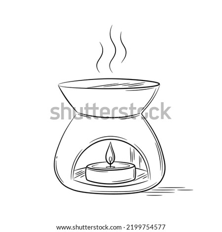 A hand-drawn candle in a diffuser for home fragrance. Doodle sketch style. Line drawing of a simple diffuser for essential oil. Isolated vector illustration in line style.