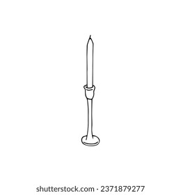 Hand-drawn Candle with holder On a white background. Candle in candlestick. Isolated vector illustration.