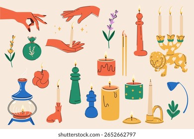 A hand-drawn candle illustrations set.Modern boho-style includes whimsical objects like cat-shaped candles, incense burners, herbal bottles, and candelabras—perfect for spiritual, autumn, or hygge.