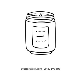 Hand-drawn candle in a jar. Handmade candle. Glass jar filled with wax. Isolated illustration on white