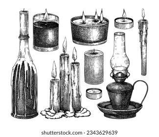 Hand-drawn candle sketches collection. Vector illustrations of burning wax, oil lap, paraffin candles. Aromatherapy, meditation, home decor, interior drawings. Vintage Halloween design elements 