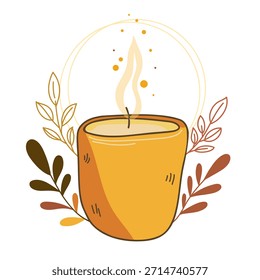 Ilustración vectorial de vela dibujada a mano en colores cálidos de otoño, decorada con hojas botánicas simples y una llama suave y brillante, creando un ambiente tranquilo hygge ideal para la decoración del hogar, el bienestar, la atención plena