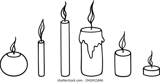 Сollection of hand-drawn candles in doodle style. Outlines of burning candles . Set of wax candles with flame. Vector illustration. Isolated elements. Contour.