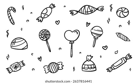 Hand-drawn candy collection in doodle sketch style. Set of various sweet treat elements, isolated on white background. Perfect for packaging, kids’ designs, party invitations, and sweets branding.