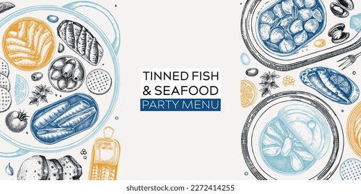 Hand-drawn canned fish border design. Vector seafood background in color. Sardines, anchovy, mackerel, tuna, mussels in tin cans, fish canapes, olives, crackers and lemons sketches. Tinned fish set