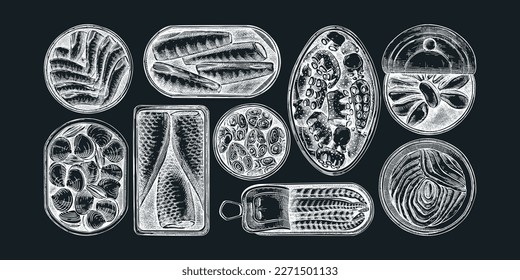 Hand-drawn canned fish and shellfish illustrations collection. Sardines, anchovy, mackerel, tuna, and mussels in tin cans sketches set in engraved style. Healthy food vector drawings on chalkboard