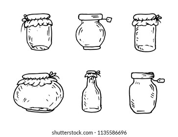Handdrawn canning bank set doodle icon. Hand drawn black sketch. Sign cartoon symbol. Decoration element. White background. Isolated. Flat design. Vector illustration.