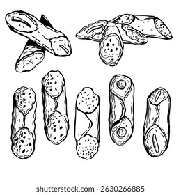Hand-drawn cannoli,  Italian dessert. Vector sketch illustration.