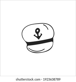 Hand-drawn captain's hat, single еlement. Graphic doodle, sketch, outline drawing isolated on white. Vector illustration