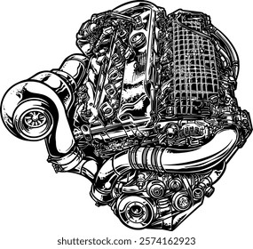 Hand-drawn car engine design with intricate details, perfect for t-shirt prints, logos, or stickers. Simple yet striking for automotive enthusiasts.