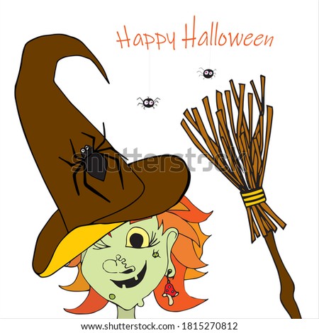 Hand-drawn card with a cartoon witch in a broun hat with large spider and a broom on a white background. Above the inscription Happy Halloween with cute spiders hanging in the net. Doodle style.
