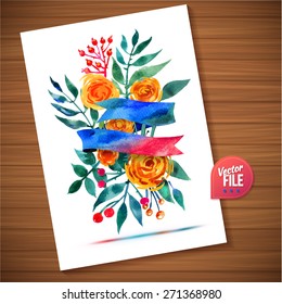 Hand-drawn card with flower. Vector illustration EPS 10. Floral watercolor ribbon bouquet design card can be used as greeting card, invitation card for wedding, birthday